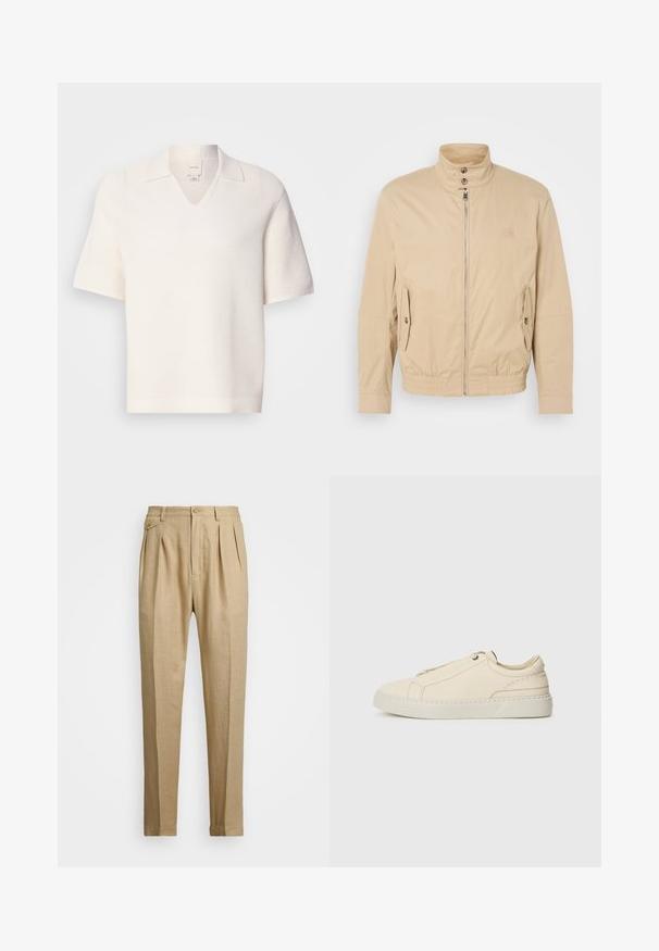 Chaqueta ligera beige con cuello alto, cremallera frontal, bolsillos laterales y puños elásticos. Tejido texturizado con un ligero brillo.; Polo de manga corta y escote en V en tejido blanco texturizado. Presenta un cuello y un sutil patrón acanalado, ofreciendo un aspecto estructurado.; Pantalones de lino beige con corte recto, con dos pliegues frontales, cierre de botón y bolsillos laterales. Tejido texturizado con un acabado suave.; Zapatilla de cuero beige con punta redondeada, diseño minimalista, detalles de costura sutiles y parte superior texturizada, sobre una suela clara.