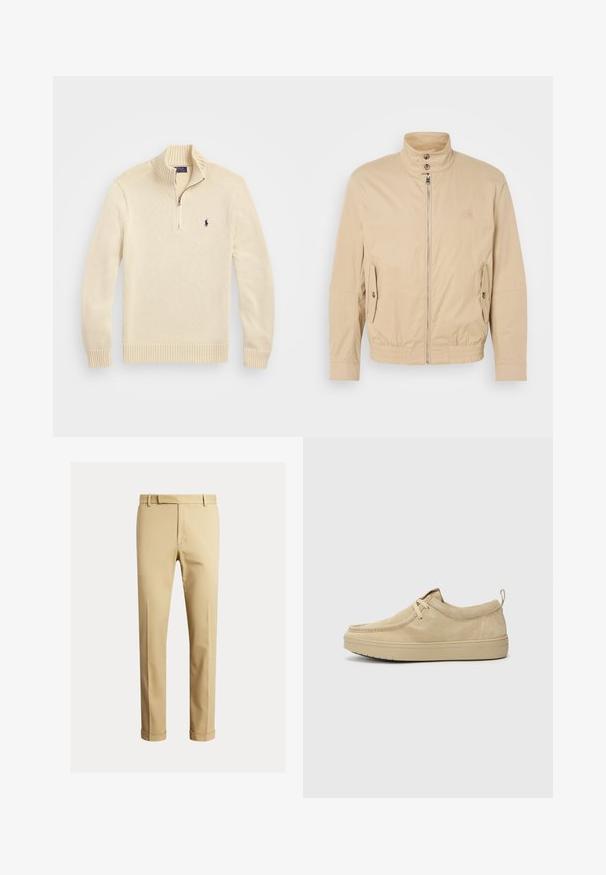 Beige lett jakke med høy krage, glidelås foran, sidelommer og elastiske mansjetter. Teksturert stoff med en subtil glans.; Kremfarget strikkegenser med glidelås i kvartlengde, ribbestrikkede ermer og hem, samt en liten brodert logo på venstre bryst.; Kaki chinos laget av glatt bomullsstoff, med en tettsittende design, frontplisseringer og mansjetter ved ankelen for en smalere look.; Beige semsket slip-on sko med rund tå, minimal søm og gummisåle. Myk tekstur med en subtil merkeaccent på hælen.