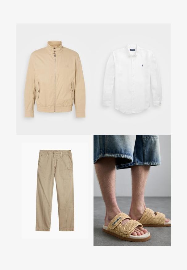 Šviesiai rudas lengvas paltas su aukštu apykakle, priekyje užtrauktuku, šoninėmis kišenėmis ir elastiniais rankogaliais. Textūruotas audinys su subtiliu blizgesiu.; Balta ilga rankovė marškiniai, pagaminti iš medvilnės, su sagų apykakle, su mažu tamsiai mėlynu logotipu kairėje krūtinės pusėje ir klasikiniais sagomis.; Bežiniai tiesaus kirpimo chinos kelnės su diržo kilputėmis, priekyje esančia mygtuko ir užtrauktuko uždarymo sistema, bei šoninėmis kišenėmis.; Bežiniai nertos šlepetės turi dvi reguliuojamas dirželes, tekstūruotą paviršių ir šviesią pado spalvą su rudos spalvos akcentu.