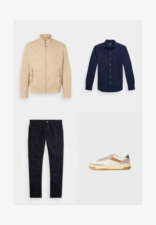 Beige lightweight jacket with high collar, front zipper, side pockets, and elastic cuffs. Textured fabric with a subtle sheen.; Navy long-sleeve button-up shirt made of cotton, featuring a classic collar, white buttons, and a subtle embroidered logo on the chest.; Dark blue denim trousers with a slim fit, five-pocket design, and metal button closure. Straight legs and minimal stitching details.; Sneakers in beige, cream, and olive green, featuring suede and leather materials, a round toe, minimalistic design, and a rubber sole.