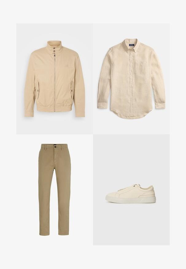 Beige kergest jakist kõrge kraega, ees lukuga, külgedel taskud ja elastsete mansettidega. Tekstuuriga kangas, millel on õrn kuma.; Beežika pika varrukaga nööpidega särk valgete vertikaalsete triipudega, nööbitava krae, rinnatasku ja krae sees oleva "Polo Ralph Lauren" sildiga.; Beige puuvillased chinos slim lõikega, lameda esiotsaga ja nööpkinnisega. Omab vööauke ja küljetaskuid funktsionaalsuse huvides.; Beige nahkased kingad ümmarguse varbaga, minimalistlik disain, peened õmbluse detailid ja tekstureeritud pealispind, heledal tallal.
