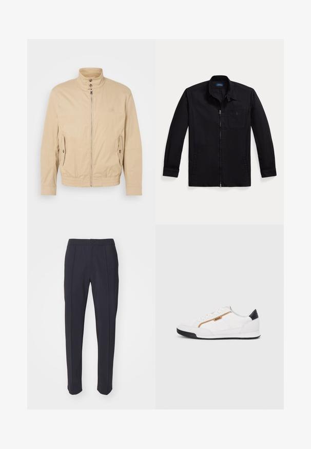 Beige leichte Jacke mit hohem Kragen, vorderem Reißverschluss, seitlichen Taschen und elastischen Bündchen. Texturiertes Material mit einem subtilen Glanz.; Schwarze Jacke aus leichtem Stoff, mit Reißverschluss vorne, spitzem Kragen und einer linken Brusttasche mit Logo. Lange Ärmel mit Detail an den Bündchen.; Hosen in Marineblau mit maßgeschneidertem Design, flachem Frontbereich und zwei vorderen Falten. Hergestellt aus glattem Stoff mit normalem Bund und Knopfverschluss.; Weiße Sportschuhe mit Mesh- und Lederelementen. Ausgestattet mit einem goldenen "BOSS"-Logo, strukturierten Seitenpaneelen und einer schwarzen Fersenkappe. Gummisohle.