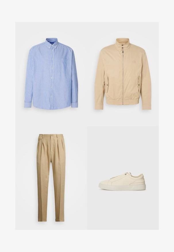 Šviesiai rudas lengvas paltas su aukštu apykakle, priekyje užtrauktuku, šoninėmis kišenėmis ir elastiniais rankogaliais. Textūruotas audinys su subtiliu blizgesiu.; Mėlyna ir balta dryžuota marškinė su apykakle, viena krūtinės kišenė ir ilgomis rankovėmis, pagaminta iš lengvo audinio.; Bežinės lininės kelnės tiesaus kirpimo, turinčios dvi priekinės klostes, sagų užsegimą ir šonines kišenes. Tekstūruotas audinys su lygiu paviršiumi.; Kreminio odos sportbačiai su apvaliu nosiu, minimalistiniu dizainu, subtiliomis siuvimo detalėmis ir tekstūrine viršutine dalimi, ant šviesios pado.