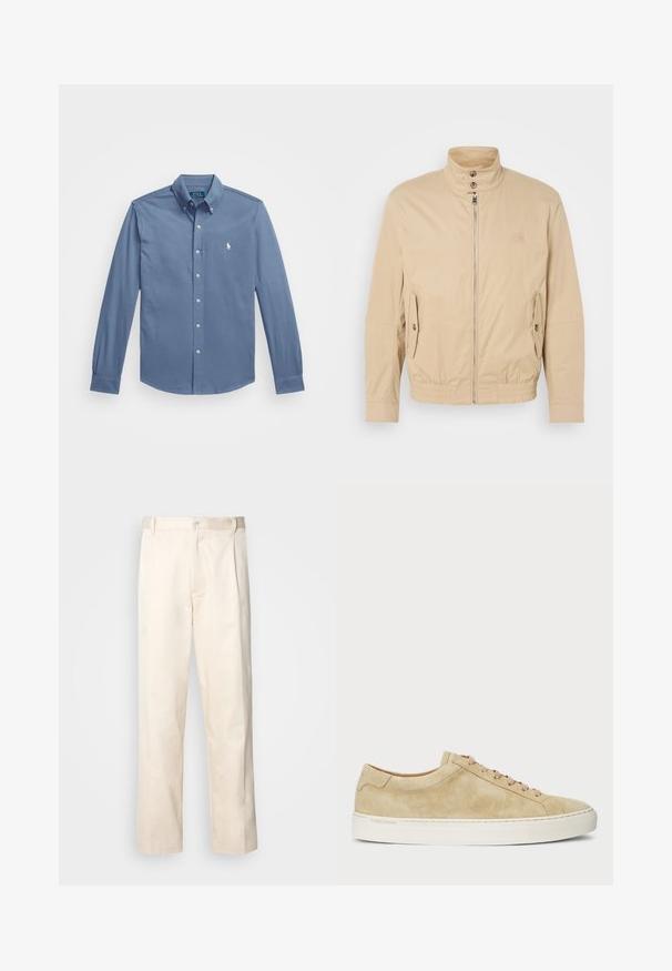 Šviesiai rudas lengvas paltas su aukštu apykakle, priekyje užtrauktuku, šoninėmis kišenėmis ir elastiniais rankogaliais. Textūruotas audinys su subtiliu blizgesiu.; Šviesiai mėlynas marškinėlių mygtukų užsegimas, pagamintas iš medvilnės, ilgomis rankovėmis su mygtukais, klasikinis apykaklė ir siuvinėtai logotipas ant krūtinės.; Bežinės medvilninės kelnės su tiesiu kirpimu, turinčios mygtuko uždarymą ir priekyje raukšles papildomai dekoratyviam akcentui.; Kreminiai zomšiniai sportbačiai su žemu profiliu, apvaliu pirštu ir kreminėmis raištelėmis. Yra balta guma padanga ir subtilus logotipas šone.