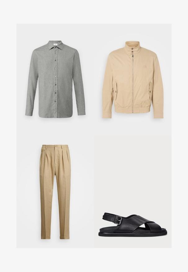 Beige, könnyű dzseki magas gallérral, elülső cipzárral, oldalsó zsebekkel és elastikus mandzsettákkal. Struktúrált anyag finom fényességgel.; Világosszürke gombos ing, texturált anyagból készült, klasszikus gallérral, hosszú ujjakkal és szürke gombokkal az elején.; Beige vászon nadrág egyenes szabással, két első redővel, gombos záródással és oldalzsebekkel. Tömör textúrájú anyag sima felülettel.; Polo Ralph Lauren ZANE LEATHER SANDAL - Szandálok - black