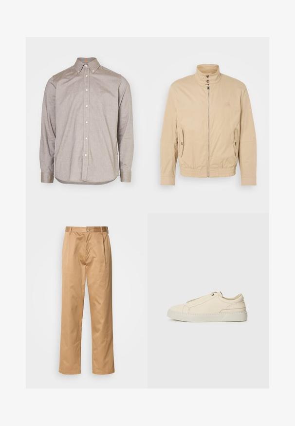 Béžová ľahká bunda s vysokým golierom, predným zipsom, bočnými vreckami a elastickými manžetami. Textúrovaná tkanina s jemným leskom.; Svetlohnedá košeľa na gombíky s golierom, dlhými rukávmi a bielymi gombíkmi. Obsahuje jemnú textúru a vyšívané logo na ľavej hrudi.; Khaki nohavice, z bavlneného zmesi, priamy strih, predné záhyby, pútka na opasok a gombíkový uzáver. Hladká textúra bez vzoru.; Beige kožené tenisky s okrúhlou špičkou, minimalistickým dizajnom, jemnými švy a textúrovaným povrchom, na svetlej podrážke.
