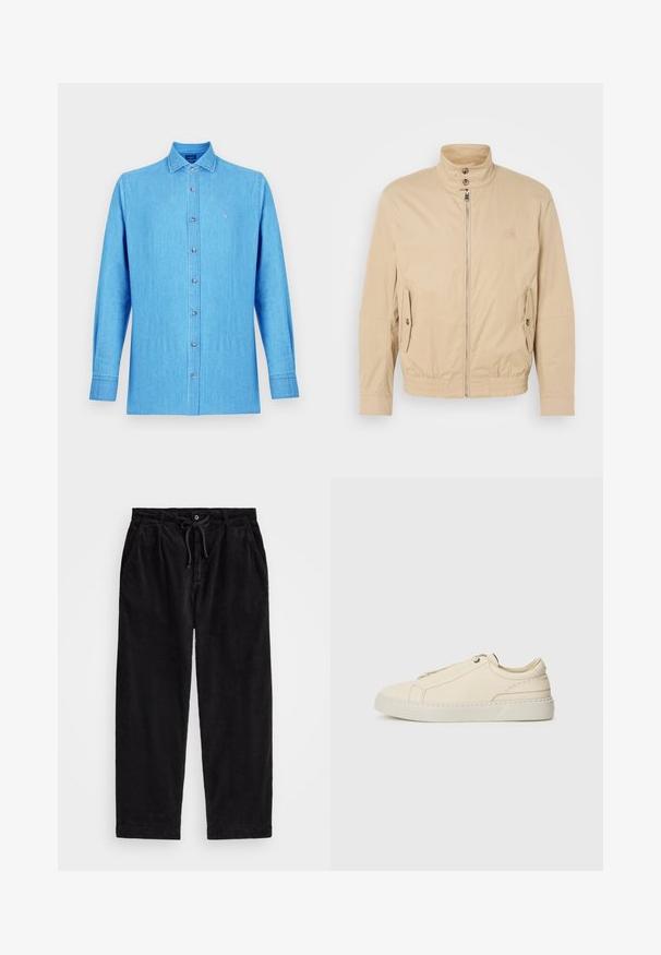 Beige lichte jas met hoge kraag, rits aan de voorkant, zijzakken en elastische manchetten. Gelaagd stof met een subtiele glans.; Lichtblauwe overhemden met lange mouwen, gemaakt van een gestructureerd materiaal. Bevat een kraag en een klein geborduurd logo op de borst.; Zwarte corduroy broek met een relaxte pasvorm, voorzien van een elastische tailleband met een koord, en zijzakken. De stof vertoont een ribbelstructuur.; Beige leren sneaker met een ronde neus, minimalistisch ontwerp, subtiele stikdetails en een gestructureerde bovenkant, op een lichte zool.