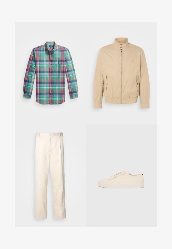 Beige, könnyű dzseki magas gallérral, elülső cipzárral, oldalsó zsebekkel és elastikus mandzsettákkal. Struktúrált anyag finom fényességgel.; Hosszú ujjú gombos ing zöld, piros, lila és fehér kockás mintával, valamint egy mellzsebbel, fehér háttéren.; Beige pamut nadrág egyenes szárú kivágással, gombos záródással és elülső redőkkel a részletek fokozása érdekében.; Beige vászon sportcipők, kerek orral, lapos gumi talppal és fűzős elejével. Minimális dizájnnal rendelkezik, és kontrasztos fekete akcentussal a saroknál.