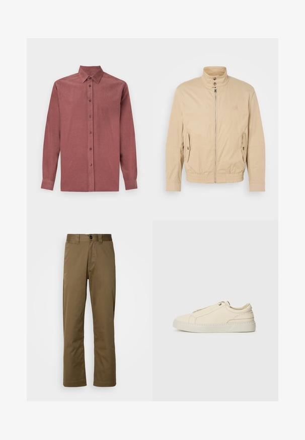 Béžová ľahká bunda s vysokým golierom, predným zipsom, bočnými vreckami a elastickými manžetami. Textúrovaná tkanina s jemným leskom.; Košeľa s dlhými rukávmi vo farbe tmavej ruže, s predným zapínaním na gombíky, klasickým golierom a rebrovanou textúrou.; Hnedé nohavice rovného strihu vyrobené z tkaného materiálu. Obsahujú zapínanie na gombík, bočné vrecká a hladký povrch. Prispôsobený strih.; Beige kožené tenisky s okrúhlou špičkou, minimalistickým dizajnom, jemnými švy a textúrovaným povrchom, na svetlej podrážke.