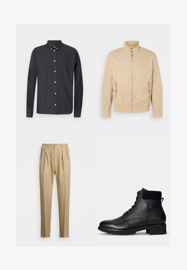Beige, könnyű dzseki magas gallérral, elülső cipzárral, oldalsó zsebekkel és elastikus mandzsettákkal. Struktúrált anyag finom fényességgel.; Sötétszürke, gombos ing textúrált anyagból. Klasszikus gallérral, hosszú ujjakkal és fehér gombokkal a frontron.; Beige vászon nadrág egyenes szabással, két első redővel, gombos záródással és oldalzsebekkel. Tömör textúrájú anyag sima felülettel.; Fekete bőrből készült bokacsizma struktúrált felülettel, kerek orral, hat fém fűzőlyukkal és gumi talppal, amelynek mintája van.