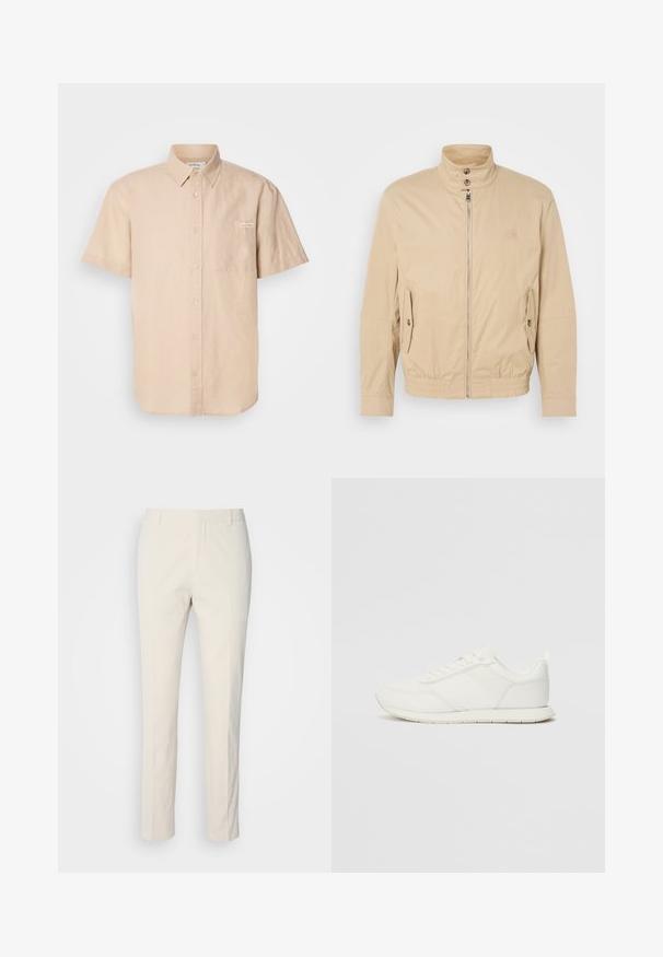 Bēša viegla jaka ar augstu apkakli, priekšējo rāvējslēdzēju, sānu kabatām un elastīgu aproču. Strukturēta auduma ar vieglu mirdzumu.; Īsām piedurknēm beidzis pogu krekls, kas izgatavots no kokvilnas, ar priekšējo kabatu un mazu logo uzlīmi pa kreisi.; Kremai krāsas piegrieztas bikses ar teksturētu audumu. Ar taisnu kāju dizainu, jostas cilpām un divām priekšējām kabatām. Bez rakstiem.; Baltie sporta apavi ar mežģīņu un sintētisko augšdaļu, apaļu purngalu, plakanu mežģīņu un teksturētu sānu joslu. Gumijas zole ar cilpu aizmugurē.