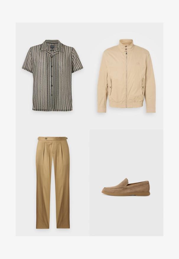 Beige lett jakke med høy krage, glidelås foran, sidelommer og elastiske mansjetter. Teksturert stoff med en subtil glans.; Korte ermers skjorte med et stripete mønster i dempede toner av beige, svart og grått. Har en camp collar og en avslappet passform.; Beige bukser med rett passform, med folder, knappestenging og beltehemper. Glatt stoff med et rent, skreddersydd utseende.; Brune semskede slip-on loafers med en glat tekstur og stikninger; har en gummisål for trækkraft.