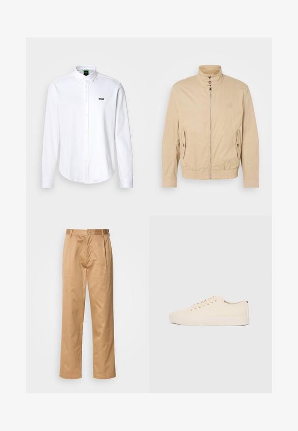 Chaqueta ligera beige con cuello alto, cremallera frontal, bolsillos laterales y puños elásticos. Tejido texturizado con un ligero brillo.; Camisa blanca de botón hecha de algodón, con un cuello clásico y un sutil logo bordado en el lado izquierdo del pecho. Textura suave.; Pantalones caqui, mezcla de algodón, diseño de pierna recta, con pliegues delanteros, trabillas para cinturón y cierre de botón. Textura suave sin patrones.; Zapatillas de lona beige con puntera redonda, suela de goma plana y cierre de cordones en la parte delantera. Presentan un diseño minimalista y un acento negro contrastante en el talón.