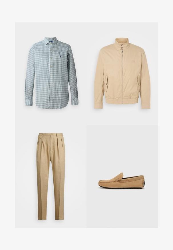 Beige lett jakke med høy krage, glidelås foran, sidelommer og elastiske mansjetter. Teksturert stoff med en subtil glans.; Knappskjorte i blå og hvit sjakkmønster, lange ermer, klassisk krage, med et lite brodert emblem på brystet.; Beige linbukser med rett snitt, med to frontfold, knappeåpning og sidelommer. Teksturt stoff med en glatt finish.; Beige semsket moccasins med sydd tå, slip-on design og svart gummisåle. Har subtil merking på siden.