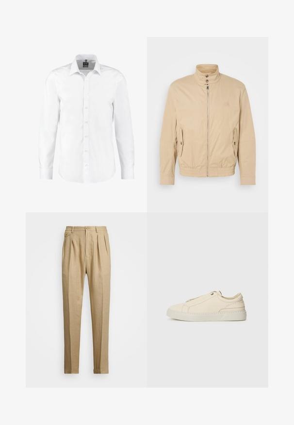 Šviesiai rudas lengvas paltas su aukštu apykakle, priekyje užtrauktuku, šoninėmis kišenėmis ir elastiniais rankogaliais. Textūruotas audinys su subtiliu blizgesiu.; Balta ilgomis rankovėmis marškiniai, pagaminti iš lygaus audinio, turintys klasikinius atlapus, mygtukų priekį ir rankogalius su vienu mygtuku. Be raštų ar akcentų.; Bežinės lininės kelnės tiesaus kirpimo, turinčios dvi priekinės klostes, sagų užsegimą ir šonines kišenes. Tekstūruotas audinys su lygiu paviršiumi.; Kreminio odos sportbačiai su apvaliu nosiu, minimalistiniu dizainu, subtiliomis siuvimo detalėmis ir tekstūrine viršutine dalimi, ant šviesios pado.