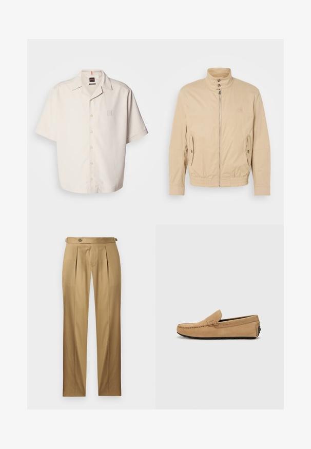 Bēša viegla jaka ar augstu apkakli, priekšējo rāvējslēdzēju, sānu kabatām un elastīgu aproču. Strukturēta auduma ar vieglu mirdzumu.; Īsām piedurknēm, krēmkrāsas pogājamā krekls, kas izgatavots no gludas auduma, ar mazu kvadrātveida logotipa kabatu un klasisku apkakles dizainu.; Bēša krāsas bikses ar taisnu piegriezumu, ar krokām, pogas aizdari un jostas cilpām. Gluda auduma ar tīru, šūtu izskatu.; Beidzīgas zamšas mokasīni ar izšūtu purngali, pieslīdēšanas dizains un melna gumijas zole. Satur nedaudz pamanāmu zīmolu uz sāna.