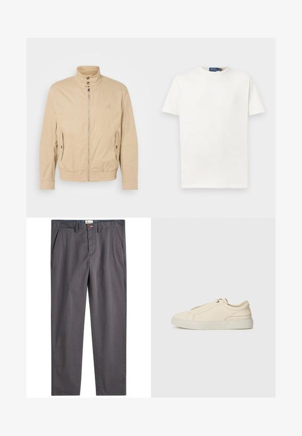 Veste légère beige avec col montant, fermeture éclair à l'avant, poches latérales et poignets élastiques. Tissu texturé avec un léger brillant.; T-shirt blanc uni à manches courtes et col rond, avec un logo brodé discret sur la poitrine gauche et une étiquette de marque au col.; Pantalons en coton gris avec une coupe droite, fermeture à bouton et poches latérales. Texture lisse avec de subtiles détails de couture.; Baskets en cuir beige avec une toe arrondie, un design minimaliste, des détails de couture subtils et une tige texturée, sur une semelle claire.