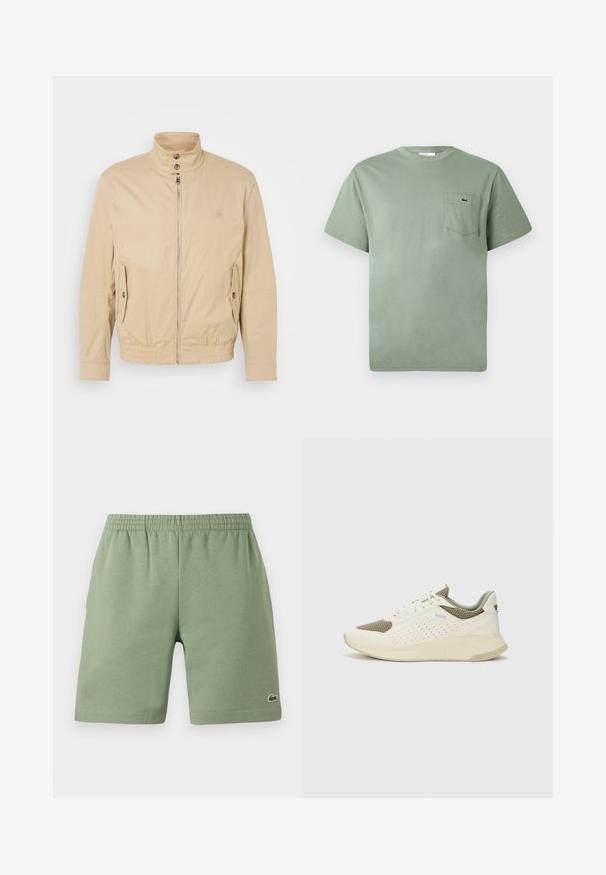 Beige kergest jakist kõrge kraega, ees lukuga, külgedel taskud ja elastsete mansettidega. Tekstuuriga kangas, millel on õrn kuma.; Heledane lühikeste varrukatega puuvillane T-särk rinna taskuga, millel on väike kangast krokodilli logo.; Roheline puuvillane lühike püksid elastse vöökohtaga, mugav lõige ja väike broderi logo alumisel vasakul poolel. Sile tekstuur, taskuteta.; Valge ja heledat beeži värvi spordijalats, millel on õhuke võrkmaterjal, perforatsioonidega detailid ning tekstuuriga vahetald, millel on brändi logo kannaosas.