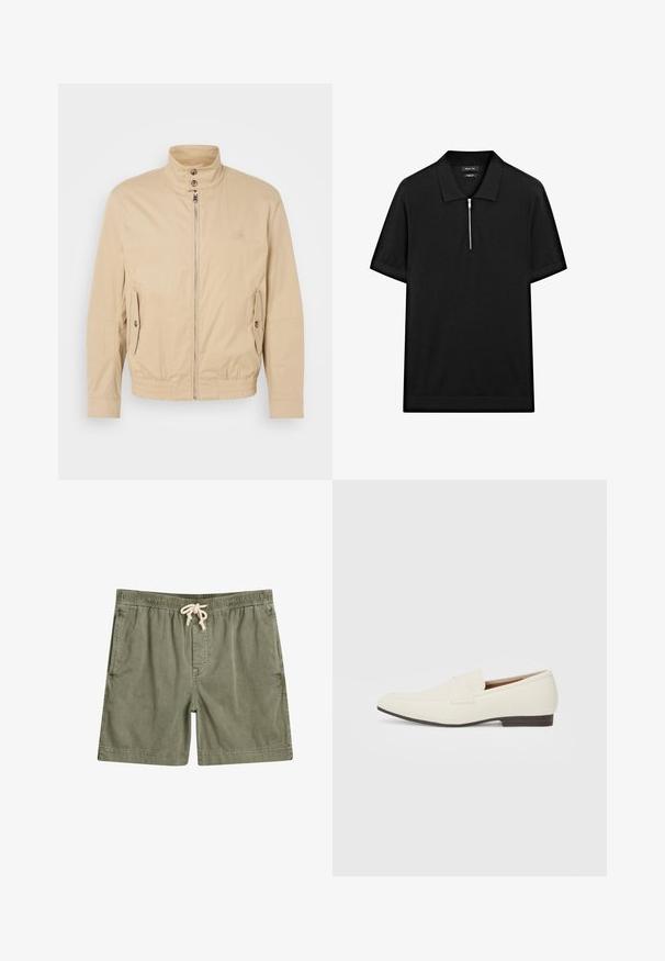 Béžová lehká bunda s vysokým límcem, předním zipem, bočními kapsami a elastickými manžetami. Texturovaná tkanina s jemným leskem.; Černé polo tričko s krátkým rukávem, stojatým límečkem a předním zipem. Vyrobeno z hladké tkaniny s čistým, minimalistickým designem.; Olivově zelené šortky vyrobené z měkké tkaniny, s elastickým pasem a stahovací šňůrkou, dvěma bočními kapsami a volným střihem.; Světlé béžové mokasíny s špičatou špičkou, hladkým materiálem, páskem přes nárt a nízkou hnědou podrážkou. Jednoduchý design s minimálními akcenty.