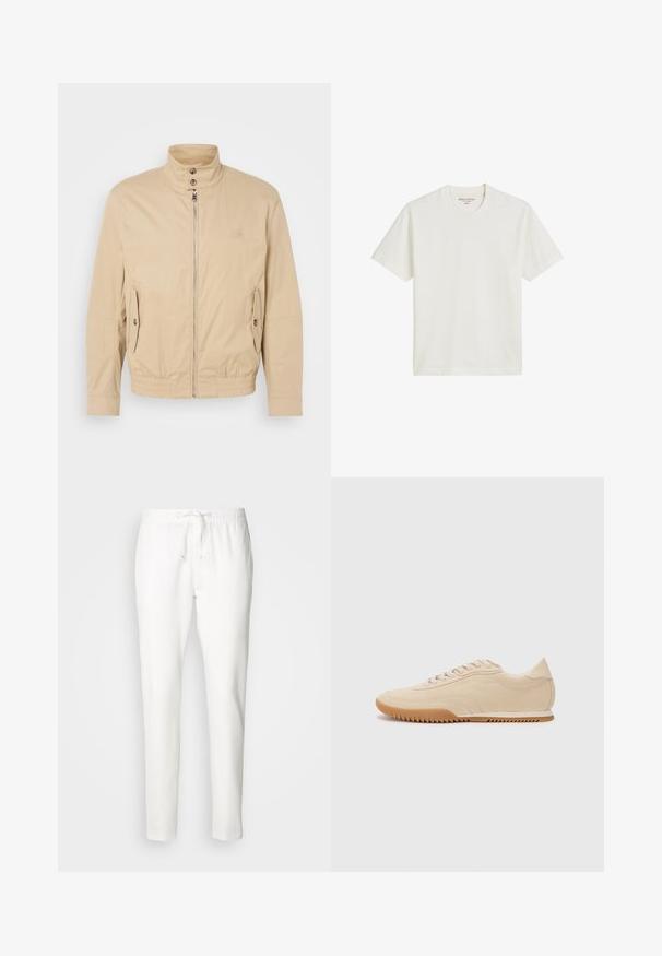 Veste légère beige avec col montant, fermeture éclair à l'avant, poches latérales et poignets élastiques. Tissu texturé avec un léger brillant.; T-shirt en coton blanc cassé, design à col rond avec des manches courtes, présentant un ourlet droit et un branding minimal sur l'étiquette.; INDICODE JEANS Pantalon classique - offwhite; Baskets en daim beige au design épuré, présentant une tige texturée, un bout rond et une semelle en caoutchouc avec un motif en zigzag.
