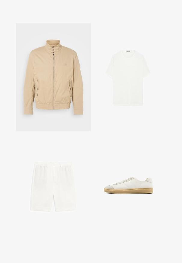 Beige leichte Jacke mit hohem Kragen, vorderem Reißverschluss, seitlichen Taschen und elastischen Bündchen. Texturiertes Material mit einem subtilen Glanz.; Weißes T-Shirt mit kurzen Ärmeln aus weichem Stoff. Es hat einen klassischen Rundhalsausschnitt und eine gerade Schnittführung, ohne sichtbare Muster oder Akzente.; Weiße maßgeschneiderte Shorts mit flachem Bund, elastischem Taillenband und ohne Taschen. Hergestellt aus leichtem Stoff, der eine glatte Textur aufweist.; Weiße Wildledersneaker mit glatter Oberfläche, runder Zehenpartie, Schnürung und einer tanfarbenen Gummisohle. Mit dezenten Streifen an den Seiten und Akzenten an der Ferse.