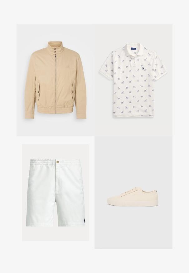Beige lett jakke med høy krage, glidelås foran, sidelommer og elastiske mansjetter. Teksturert stoff med en subtil glans.; Hvit polo skjorte laget av bomull, med et gjentatt blått hundemønster og en liten blå logo på brystet. Kortermet og med krage.; Hvite badeshorts med elastisk midjebånd, knappelukking og en liten marineblå logodetalj. Laget av lett, glatt stoff.; Beige lerretsko med rund tå, flat gummisåle og snøring foran. Har et minimalistisk design og en kontrasterende svart detalj ved hælen.