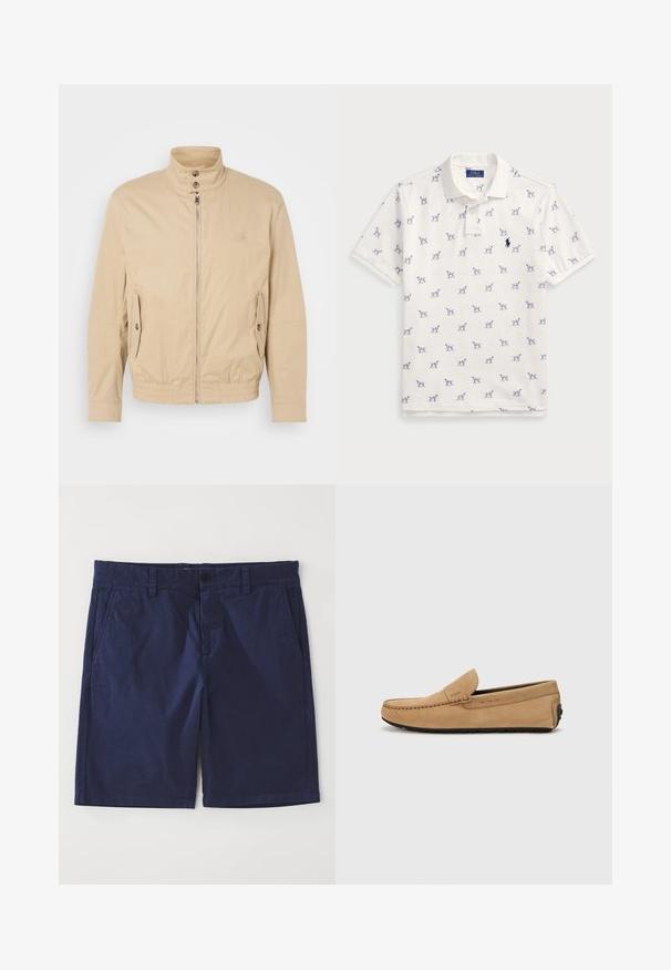 Bēša viegla jaka ar augstu apkakli, priekšējo rāvējslēdzēju, sānu kabatām un elastīgu aproču. Strukturēta auduma ar vieglu mirdzumu.; Balta polo krekls, kas izgatavots no kokvilnas, ar atkārtotu zilu suņu rakstu un mazu zilu logo uz krūšu daļas. Īsas piedurknes un apkakle.; Jūras zils kokvilnas šorti ar taisnu griezumu, ar jostu cilpām, priekšējo pogu aizdari un divām sānu kabatām. Gluda tekstūra.; Beidzīgas zamšas mokasīni ar izšūtu purngali, pieslīdēšanas dizains un melna gumijas zole. Satur nedaudz pamanāmu zīmolu uz sāna.