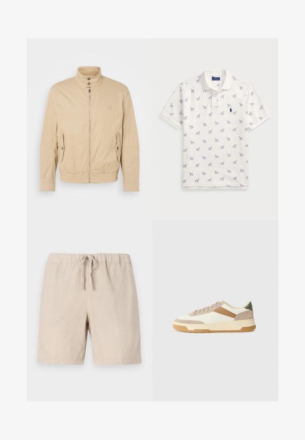 Bēša viegla jaka ar augstu apkakli, priekšējo rāvējslēdzēju, sānu kabatām un elastīgu aproču. Strukturēta auduma ar vieglu mirdzumu.; Balta polo krekls, kas izgatavots no kokvilnas, ar atkārtotu zilu suņu rakstu un mazu zilu logo uz krūšu daļas. Īsas piedurknes un apkakle.; 120% Lino MEN BERMUDA - Šorti - sand; Beige, krēmas un olīvzaļas kedas, kas izgatavotas no zamšādas un ādas materiāliem, ar apaļu purngalu, minimālistisku dizainu un gumijas zoli.