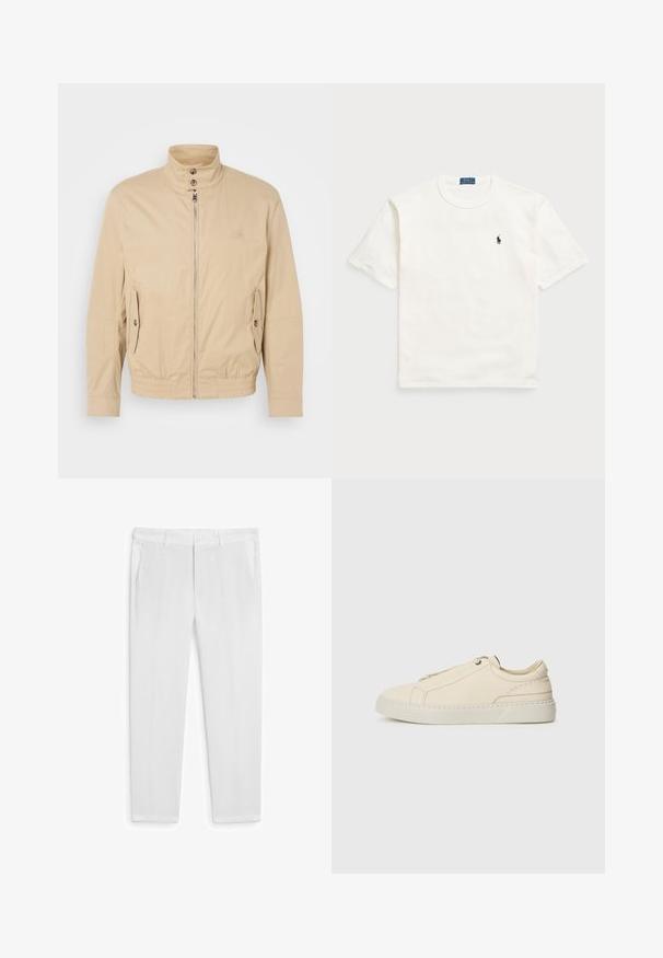 Beige lichte jas met hoge kraag, rits aan de voorkant, zijzakken en elastische manchetten. Gelaagd stof met een subtiele glans.; Witte katoenen t-shirt met korte mouwen, voorzien van een klassieke ronde hals en een klein zwart geborduurd logo op de linkerkant van de borst.; Witte linnen broek met een rechte snit, voorzien van twee zijzakken en een knoopsluiting. Soepele textuur, zonder zichtbare patronen of accenten.; Beige leren sneaker met een ronde neus, minimalistisch ontwerp, subtiele stikdetails en een gestructureerde bovenkant, op een lichte zool.