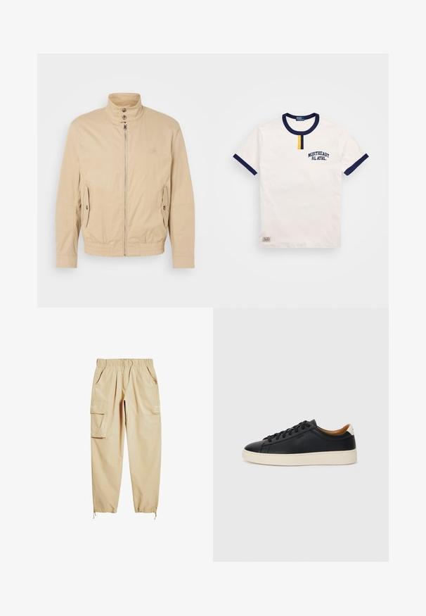 Beige kergest jakist kõrge kraega, ees lukuga, külgedel taskud ja elastsete mansettidega. Tekstuuriga kangas, millel on õrn kuma.; Valge puuvillane T-särk, millel on tumesinine ümar kaelus ja varrukate aktsendid. Särk sisaldab väikest kollast nööpi ja broderi "NORTHEAST RL ATHL."; Bežid värviga cargo püksid, mis on valmistatud kergest kangast, painduva vöökohaga, küljetaskutega ja pahkluude kohal paelaotsadega. Sisaldab trükitud teksti.; Mustad nahast tennised sujuva pindadega, beež kummist tallaga, paelaga kinnitamine ja kontrastse kanna aktsendiga.