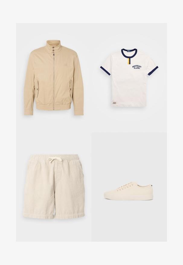 Béžová lehká bunda s vysokým límcem, předním zipem, bočními kapsami a elastickými manžetami. Texturovaná tkanina s jemným leskem.; Bílý bavlněný tričko s námořnickou modrou kulatou výstřih a akcenty na rukávech. Obsahuje malou žlutou knoflíkovou dekoraci a vyšitý nápis "NORTHEAST RL ATHL."; Béžové kordové šortky s elastickým pasem a šňůrkou, které mají boční kapsy a strukturovaný, žebrovaný vzor.; Béžové plátěné tenisky s kulatou špičkou, plochou gumovou podrážkou a šněrováním vpředu. Mají minimalisticý design a kontrastní černý akcent na patě.