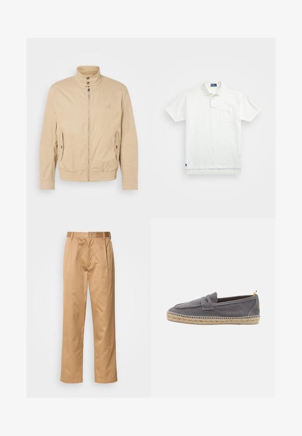 Beige kergest jakist kõrge kraega, ees lukuga, külgedel taskud ja elastsete mansettidega. Tekstuuriga kangas, millel on õrn kuma.; Valge polo särk, mis on valmistatud puuvillast, klassikalise kraega, kolme nööbiga kinnitusega ja vasakul rinnal taskuga; väike logo helmel.; Khekilõngid, puuvilla segu, sirge jala disain, ees olevad voldid, vööloopid ja nupuga sulg. Sile tekstuur ilma mustriteta.; Hallide hall canvas kingad, millel on punutud jute-talv ja kontrastne kollane aktsent kandades, sisaldades siledat tekstuuri ja minimalistlikku kujundust.