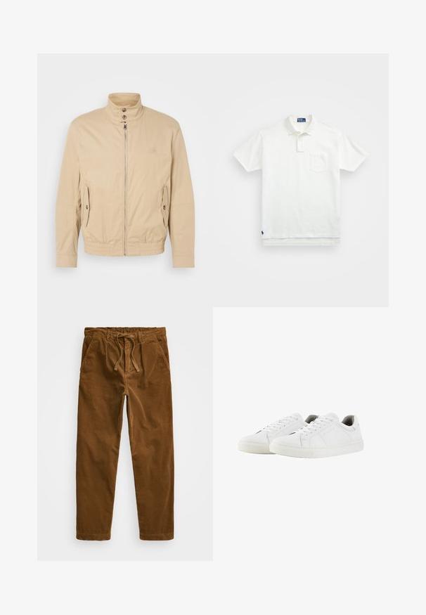 Beige leichte Jacke mit hohem Kragen, vorderem Reißverschluss, seitlichen Taschen und elastischen Bündchen. Texturiertes Material mit einem subtilen Glanz.; Weißes Poloshirt aus Baumwolle, mit klassischem Kragen, Drei-Knopf-Leiste und einer linken Brusttasche; kleines Logo am Saum.; Braune Cordhosen mit einem elastischen Bund und Zugband, seitlichen Taschen und geraden Beinen mit strukturiertem Rippenmuster.; Weiße Sneakers mit einer glatten Lederaussenseite, runder Zehenpartie, flachen Schnürsenkeln und einer strukturierten Gummisohle. Minimalistisches Design mit dezenten Nähten.