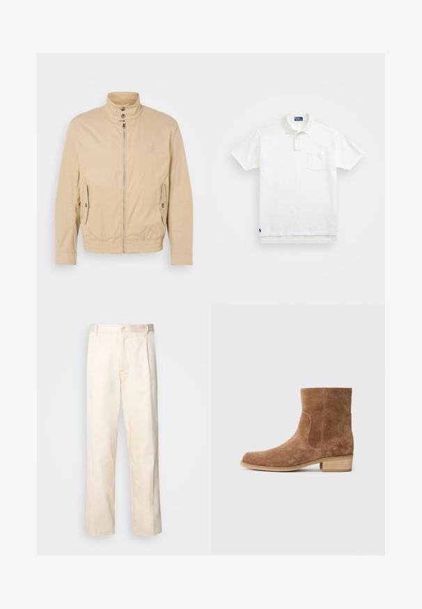 Beige lett jakke med høy krage, glidelås foran, sidelommer og elastiske mansjetter. Teksturert stoff med en subtil glans.; Hvit polo skjorte laget av bomull, med klassisk krage, tre-knapps ståkrage og lomme på venstre bryst; liten logo ved kanten.; Beige bomullsbukser med rett benfatt, med knappelukking og folder foran for ekstra detaljer.; Brune suedestøvletter med let rund tå, lav stablet træhælhæl, elastiske sidepaneler og glatte syninger langs sømmene.