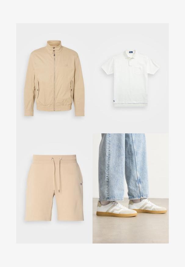 Beige letvægtsjakke med høj krave, frontlynlås, sidelommer og elastiske manchetter. Struktureret stof med en subtil glans.; Hvid polo-shirt lavet af bomuld, med en klassisk krave, tre-knaps knaplukning og en lomme på venstre bryst; lille logo ved kanten.; Beige bomuldsshorts med elastisk talje, justerbar snor og sidelommer. Har et lille logo på venstre lår.; Hvide sneakers med beige ruskindsdetaljer og lyse gummisåler; har et low-top design og tekstureret detaljering på overdelen.