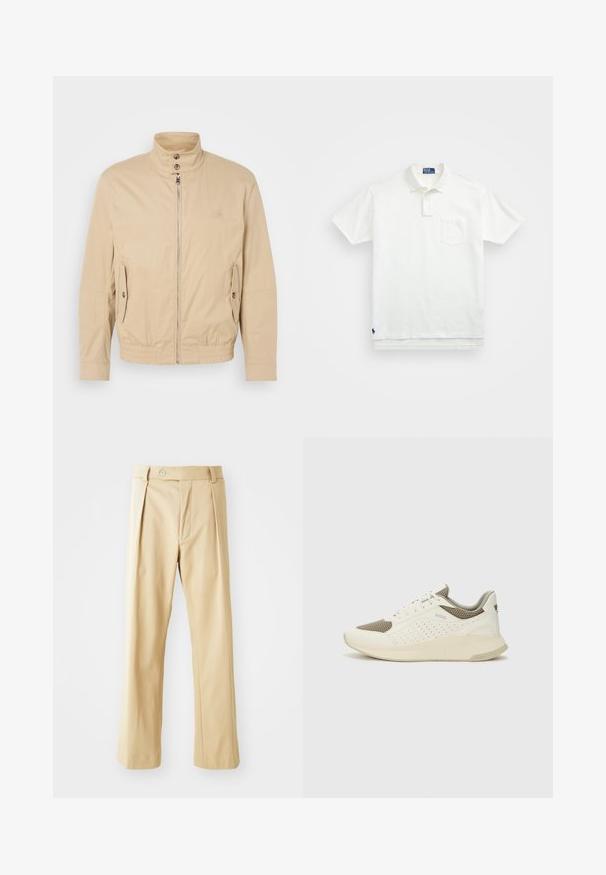 Vaaleanbeige kevyt takki, jossa on korkea kaulus, etuvetoketju, sivutaskut ja joustavat hihansuut. Pintarakenteinen kangas, jossa on hienovarainen kiilto.; Valkoinen puuvillapaita, jossa on klassinen kaulus, kolmen napin malli ja vasemmalla rintatasku; pieni logo helman kohdalla.; Beige housut suoran lahkeen muotoilulla, joissa on edessä laskokset, nappikiinnitys ja sileä tekstuuri. Ei näkyviä kuvioita tai yksityiskohtia.; Valkoinen ja vaaleanbeige urheilukengät, joissa on verkkomateriaali yläosa, rei'itettyjä yksityiskohtia ja teksturoitu välipohja, jossa on brändäys kantapäässä.