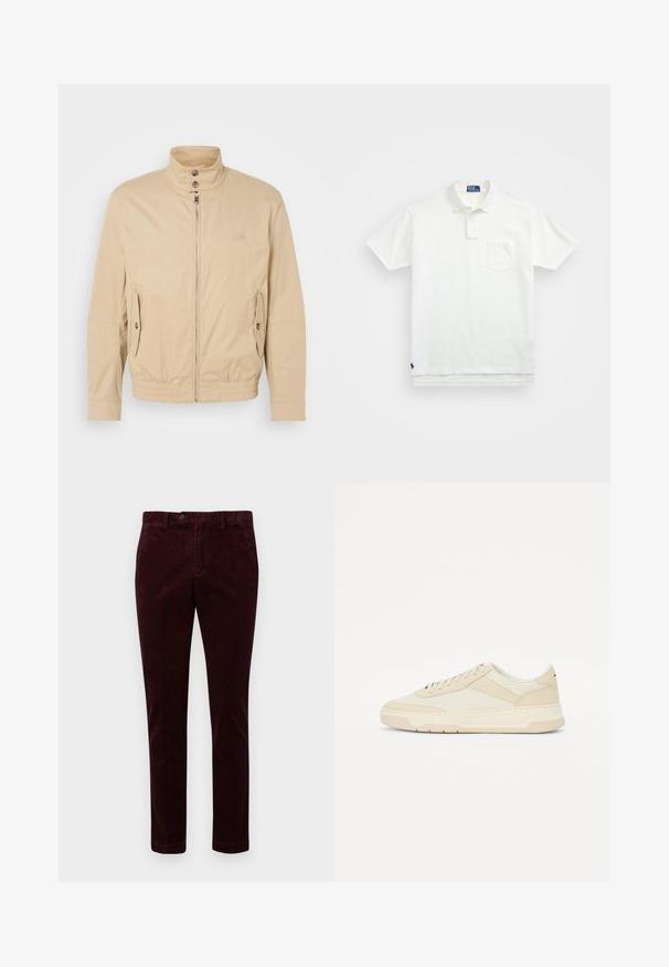 Béžová ľahká bunda s vysokým golierom, predným zipsom, bočnými vreckami a elastickými manžetami. Textúrovaná tkanina s jemným leskom.; Biela polo tričko vyrobené z bavlny, s klasickým golierom, trojbuttonovou légou a vreckom na ľavej hrudi; malé logo na spodnom leme.; Bordové kordové nohavice s rovnými nohavicami, s gombíkovým zapínaním a hladkým povrchom, zobrazené na bielom pozadí.; Béžové tenisky vyrobené z hladkej kože a textilu; nízkoprofilový dizajn s okrúhlou špičkou a šnurovaním; textúrované bočné akcenty.