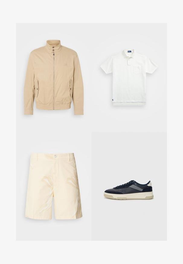 Šviesiai rudas lengvas paltas su aukštu apykakle, priekyje užtrauktuku, šoninėmis kišenėmis ir elastiniais rankogaliais. Textūruotas audinys su subtiliu blizgesiu.; Balta polo marškiniai pagaminti iš medvilnės, su klasikiniais kraštais, trijų mygtukų sprandeliu ir kairiuoju krūtinės kišeniu; mažas logotipas apačioje.; Šviesiai gelsvų medvilninių šortų su gėlių raštu. Yra mygtukų užsegimas, priekinės kišenės ir tiesus kirpimas su apdailos kraštais.; BOSS BALTIMORE - Sportbačiai - open blue