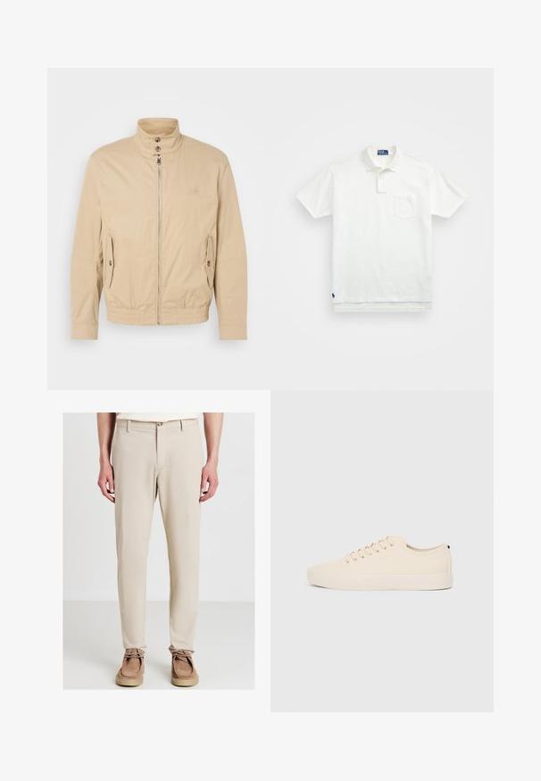Beige lightweight jacket with high collar, front zipper, side pockets, and elastic cuffs. Textured fabric with a subtle sheen.; White polo shirt made of cotton, featuring a classic collar, three-button placket, and a left chest pocket; small logo at the hem.; Man wearing beige straight-fit trousers and brown suede lace-up shoes, standing with hands relaxed by sides against a white background.; Beige canvas sneakers with round toe, flat rubber sole, and lace-up front. Features minimal design and a contrasting black accent at the heel.