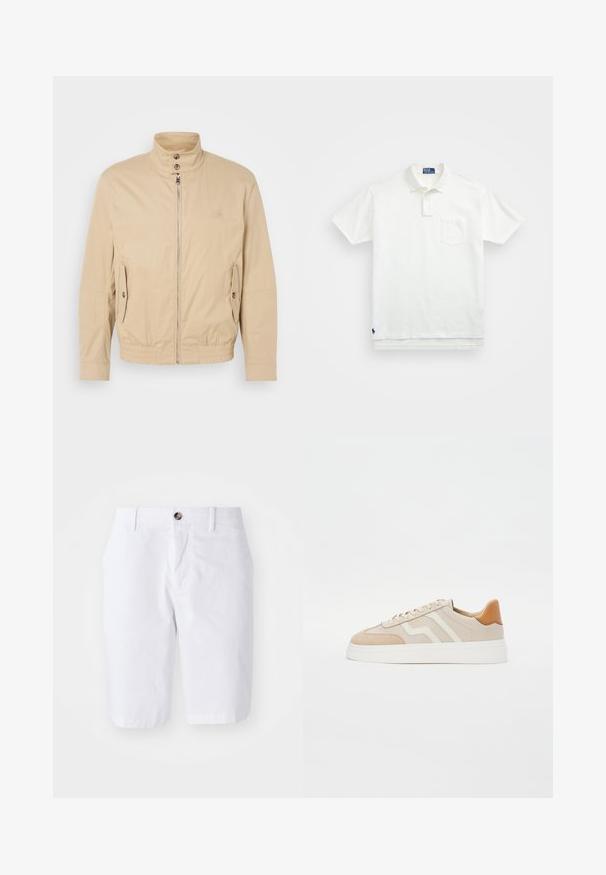 Beige lichte jas met hoge kraag, rits aan de voorkant, zijzakken en elastische manchetten. Gelaagd stof met een subtiele glans.; Witte poloshirt van katoen, met een klassieke kraag, een knoopsluiting met drie knopen en een borstzak aan de linkerkant; klein logo aan de onderrand.; Witte katoenen shorts met een recht ontwerp, twee voorzakken en een enkele knoopsluiting in de taille. Gladde textuur, knielange pasvorm.; Beige sneakers met een combinatie van glad leer en suède materialen. Voorzien van witte accenten, platte veters en een lichte plateauzool.