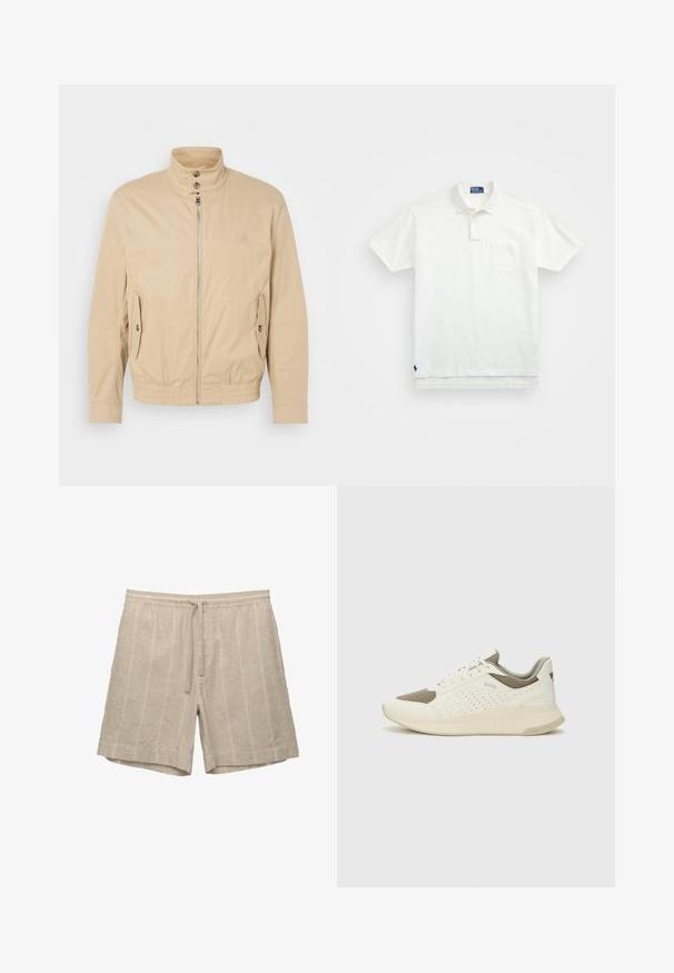 Vaaleanbeige kevyt takki, jossa on korkea kaulus, etuvetoketju, sivutaskut ja joustavat hihansuut. Pintarakenteinen kangas, jossa on hienovarainen kiilto.; Valkoinen puuvillapaita, jossa on klassinen kaulus, kolmen napin malli ja vasemmalla rintatasku; pieni logo helman kohdalla.; Beige linnen短裤,带有横条纹,弹性腰带和抽绳,特色为宽松的剪裁和平滑的质地。; Valkoinen ja vaaleanbeige urheilukengät, joissa on verkkomateriaali yläosa, rei'itettyjä yksityiskohtia ja teksturoitu välipohja, jossa on brändäys kantapäässä.