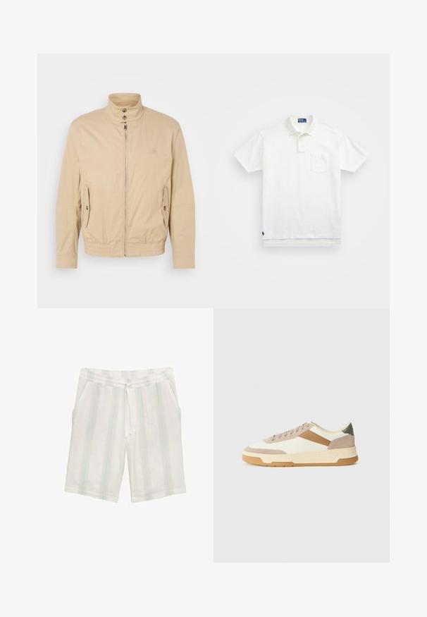 Veste légère beige avec col montant, fermeture éclair à l'avant, poches latérales et poignets élastiques. Tissu texturé avec un léger brillant.; Polo shirt blanc en coton, avec un col classique, une patte de boutonnage à trois boutons et une poche sur la poitrine à gauche ; petit logo en bas.; Shorts blancs en tissu léger avec des rayures verticales bleu clair et vert, dotés d'une taille élastique et de poches latérales.; Baskets en beige, crème et vert olive, dotées de matériaux en daim et cuir, d'un bout rond, d'un design minimaliste et d'une semelle en caoutchouc.