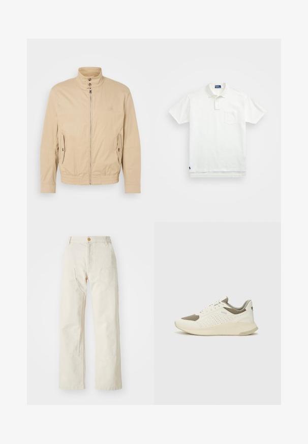Šviesiai rudas lengvas paltas su aukštu apykakle, priekyje užtrauktuku, šoninėmis kišenėmis ir elastiniais rankogaliais. Textūruotas audinys su subtiliu blizgesiu.; Balta polo marškiniai pagaminti iš medvilnės, su klasikiniais kraštais, trijų mygtukų sprandeliu ir kairiuoju krūtinės kišeniu; mažas logotipas apačioje.; Šviesiai rudi platėjančių kojų džinsai, pagaminti iš medvilnės, su sagų uždarymu, dviem šoninėmis kišenėmis ir tiesia forma, turintys glotnią tekstūrą.; Baltas ir šviesiai bežinis sportinis kedas, su tinklo viršumi, perforuotais detalėmis ir tekstūruotu tarpine su logotipu ant kulno.