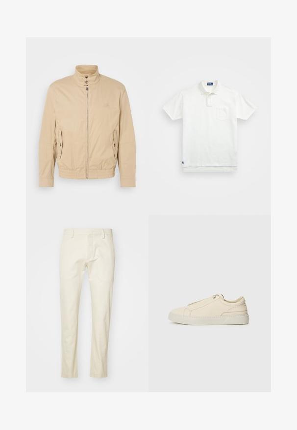 Béžová ľahká bunda s vysokým golierom, predným zipsom, bočnými vreckami a elastickými manžetami. Textúrovaná tkanina s jemným leskom.; Biela polo tričko vyrobené z bavlny, s klasickým golierom, trojbuttonovou légou a vreckom na ľavej hrudi; malé logo na spodnom leme.; Béžové bavlnené nohavice so rovným strihom, predným zipsom a plochými vreckami. Štruktúrovaná tkanina s hladkým povrchom.; Beige kožené tenisky s okrúhlou špičkou, minimalistickým dizajnom, jemnými švy a textúrovaným povrchom, na svetlej podrážke.
