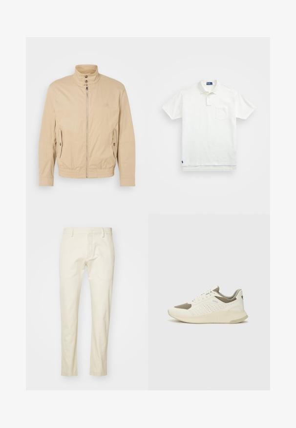 Veste légère beige avec col montant, fermeture éclair à l'avant, poches latérales et poignets élastiques. Tissu texturé avec un léger brillant.; Polo shirt blanc en coton, avec un col classique, une patte de boutonnage à trois boutons et une poche sur la poitrine à gauche ; petit logo en bas.; Pantalons en coton beige avec une coupe droite, fermeture éclair à l'avant et poches plates. Tissu texturé avec une finition lisse.; Basket de sport blanche et beige clair, avec une tige en maille, des détails perforés et une semelle intermédiaire texturée avec un logo sur le talon.