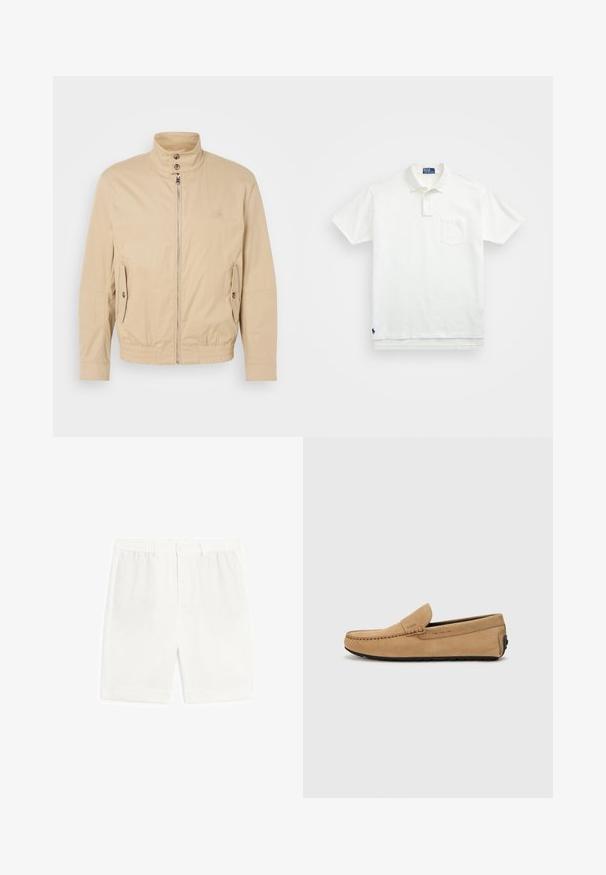 Beżowa lekka kurtka z wysokim kołnierzem, przednim zamkiem błyskawicznym, bocznymi kieszeniami i elastycznymi mankietami. Teksturowany materiał o subtelnym połysku.; Biała koszulka polo wykonana z bawełny, z klasycznym kołnierzykiem, trzema guzikami oraz kieszonką na lewym piersi; małe logo na dolnym brzegu.; Białe, dopasowane szorty o gładkim przodzie, z elastycznym pasem i bez kieszeni. Wykonane z lekkiego materiału, charakteryzującego się gładką fakturą.; Beżowe zamszowe mokasyny z przeszytym noskiem, slip-on, z czarną gumową podeszwą. Posiada delikatne logo po boku.