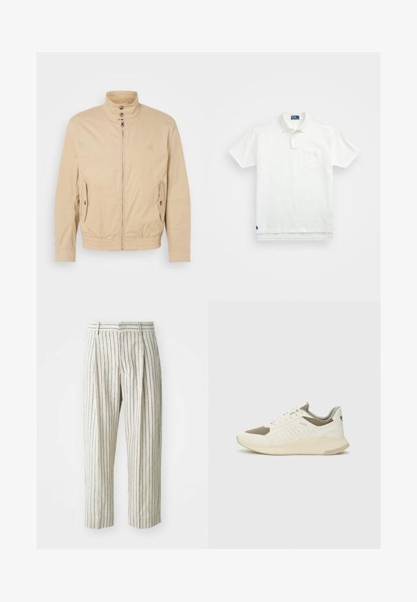 Beige, könnyű dzseki magas gallérral, elülső cipzárral, oldalsó zsebekkel és elastikus mandzsettákkal. Struktúrált anyag finom fényességgel.; Fehér pólóing, pamutból készült, klasszikus gallérral, háromgombos végigfutóval és bal oldali zsebével; kis logó a szegélyen.; Fehér csíkozott nadrág, amely könnyű anyagból készült, laza szabású, redőkkel és övhurkokkal ellátott derékrésszel rendelkezik. Függőleges tengerészkék csíkokkal.; Fehér és világos bézs sportcipő, légies hálós felsőrésszel, perforált részletekkel és texturált középtalppal, amelyen a saroknál a márka logója található.