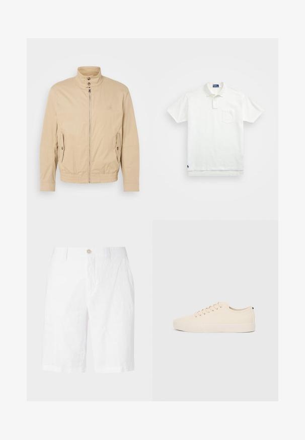Veste légère beige avec col montant, fermeture éclair à l'avant, poches latérales et poignets élastiques. Tissu texturé avec un léger brillant.; Polo shirt blanc en coton, avec un col classique, une patte de boutonnage à trois boutons et une poche sur la poitrine à gauche ; petit logo en bas.; Shorts en lin blanc avec fermeture à bouton, présentant une coupe décontractée, droite, et sans motifs ni accents visibles. Texture lisse.; Baskets en toile beige avec bout arrondi, semelle en caoutchouc plate et lacets à l'avant. Présente un design minimaliste et un accent noir contrastant au niveau du talon.
