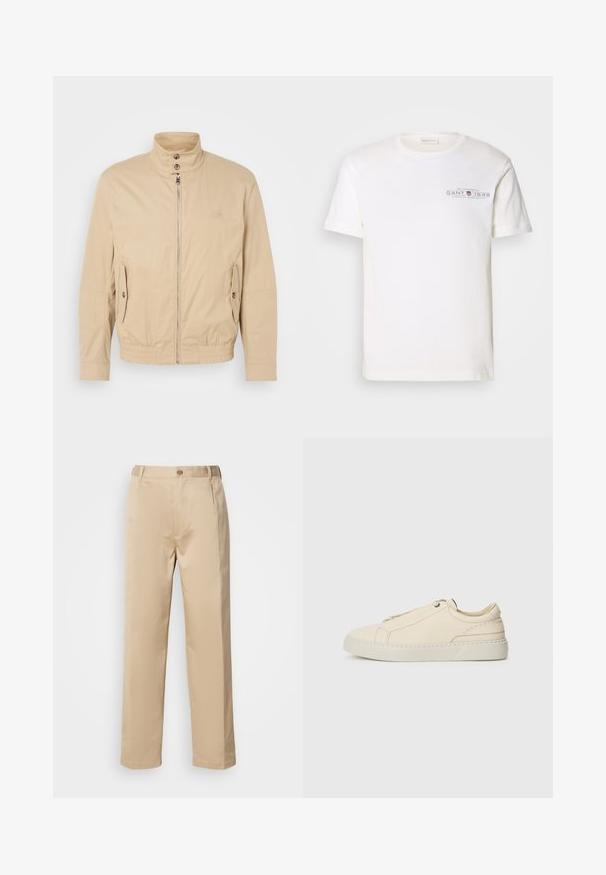 Beige lightweight jacket with high collar, front zipper, side pockets, and elastic cuffs. Textured fabric with a subtle sheen.; White cotton t-shirt with a crew neck, short sleeves, and a printed logo. Features minimalist design and relaxed fit.; Beige trousers made of lightweight fabric, featuring a straight leg design, waistband with belt loops, and a single front button closure.; Beige leather sneaker with a rounded toe, minimalistic design, subtle stitching details, and a textured upper, on a light sole.