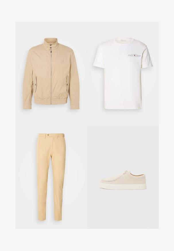 Beige lett jakke med høy krage, glidelås foran, sidelommer og elastiske mansjetter. Teksturert stoff med en subtil glans.; Hvit bomull t-skjorte med rund hals, korte ermer og trykket logo. Har minimalistisk design og avslappet passform.; Beige bukser laget av bomull med rett snitt, med knappestolper, belteslynger og sidelommer. Glatt tekstur, uten mønster.; Lys beige semsket sneakers med avrundet tå, minimal søm og hvit gummisåle. Har en enkel snøring og et merkeinnslag.